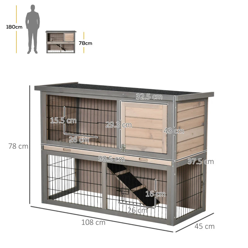 Brown 2 Tier Wooden Rabbit Hutch Guinea Pig House with Ramp and Outdoor Run - Small Animal Cage