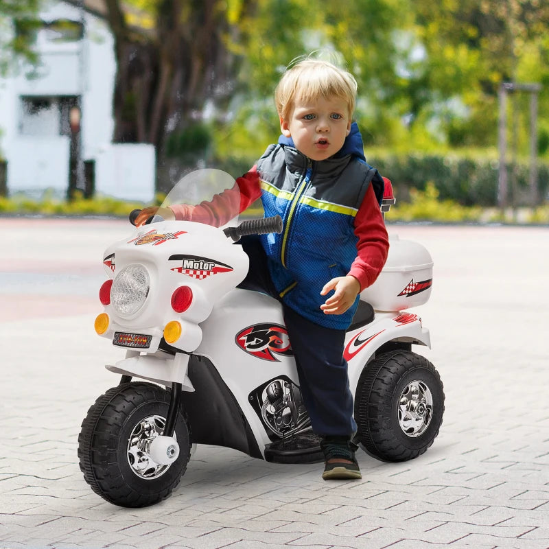 White 3-Wheel Electric Ride-On Motorcycle for Toddlers with Lights and Music