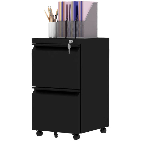 Black Steel 2-Drawer Mobile Filing Cabinet for Letter, A4, Legal Size