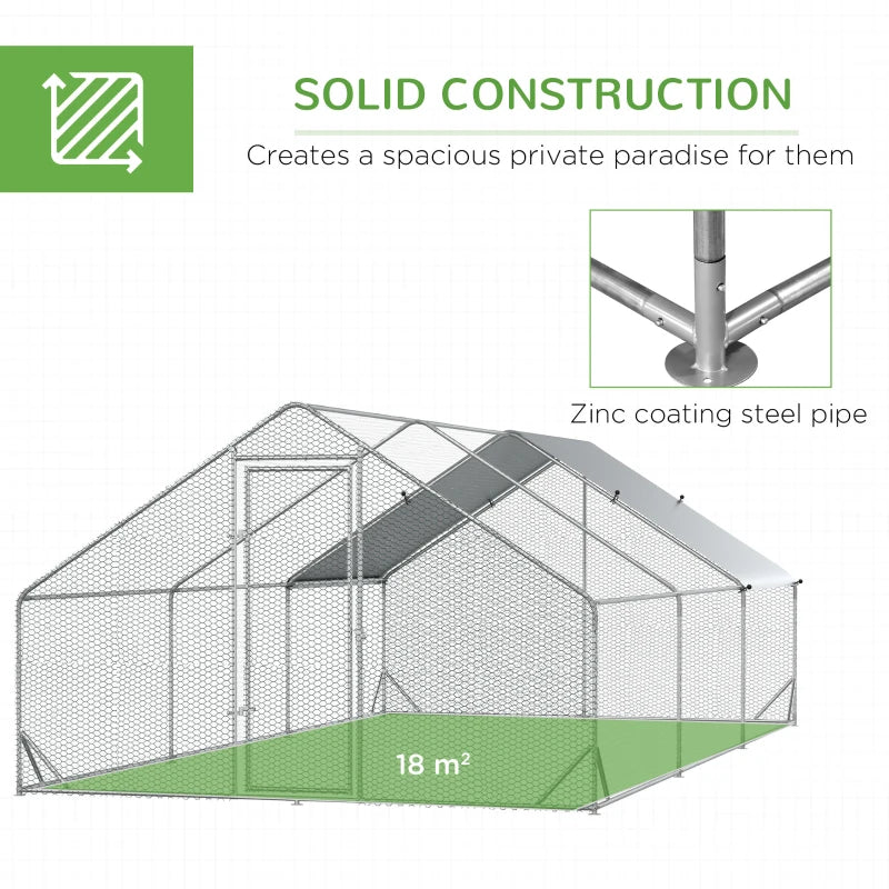 Galvanised Steel Chicken Run with Activity Shelf and Cover, 3x6x2m, Grey