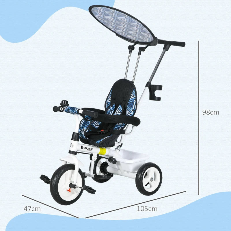 Blue 6-in-1 Kids Tricycle with 5-Point Harness and Canopy