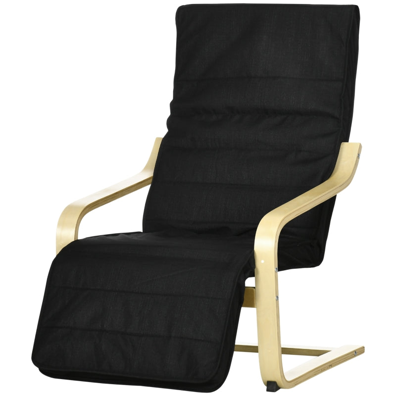 Black Wooden Reclining Lounge Chair with Adjustable Footrest & Cushion