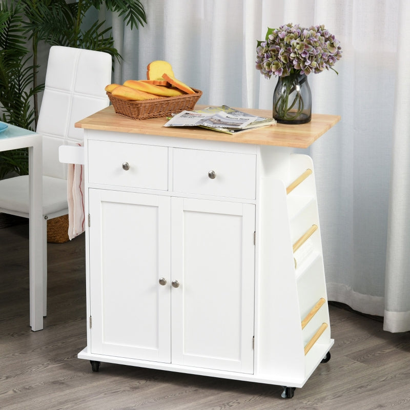 Rolling Kitchen Island Storage Cabinet with Rubber Wood Top - White