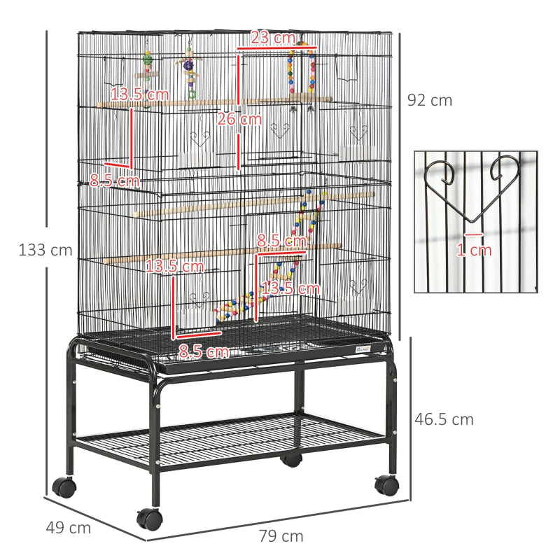 Black Steel Budgie Cage with Stand & Toys - 133cm High