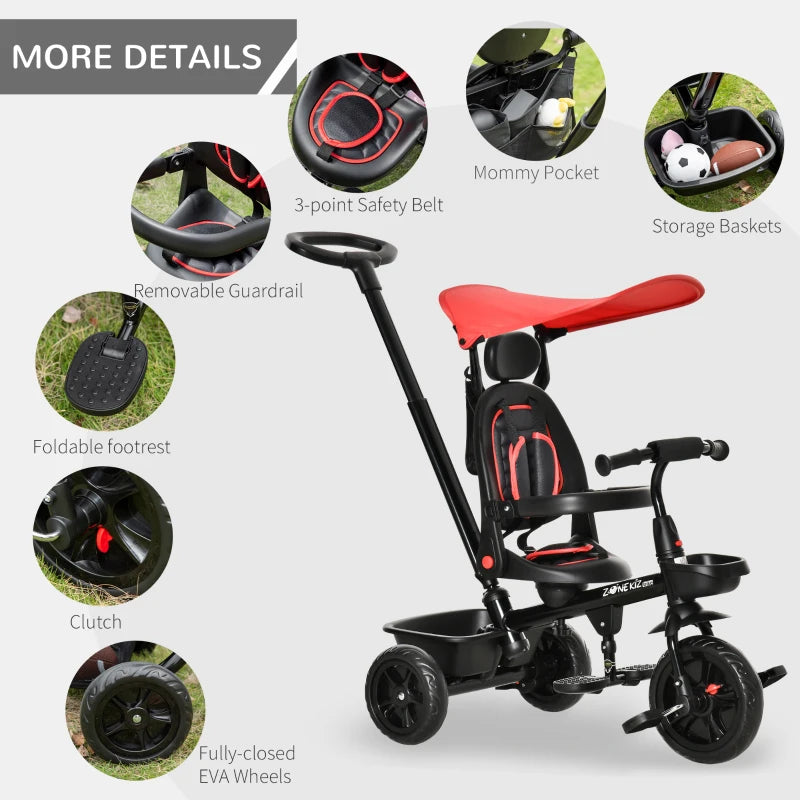 Red 4-in-1 Kids Tricycle with Adjustable Seat and Canopy