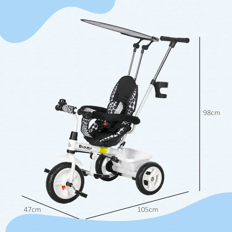 White 6-in-1 Kids Tricycle with 5-Point Harness & Canopy