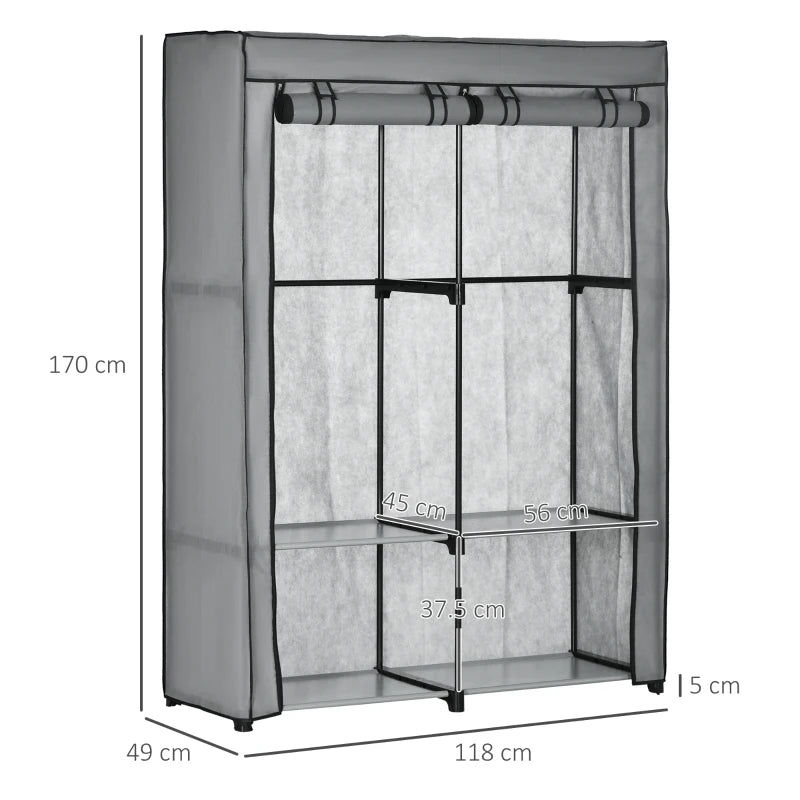 Portable Fabric Wardrobe with Shelves and Hanging Rails, Light Grey