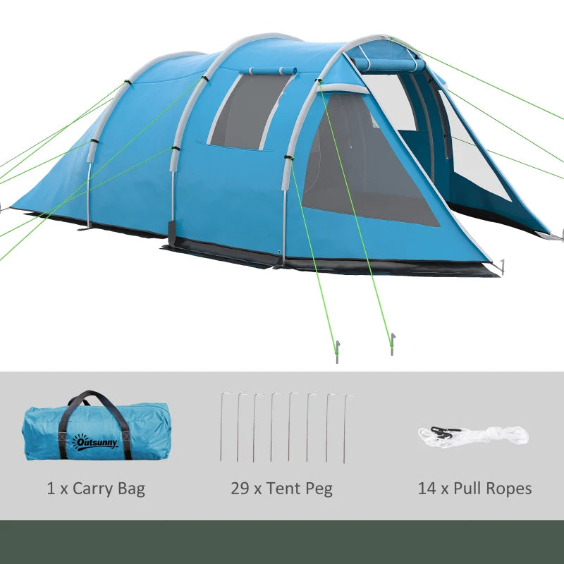 Blue 3-4 Person Tunnel Camping Tent with Windows and Covers