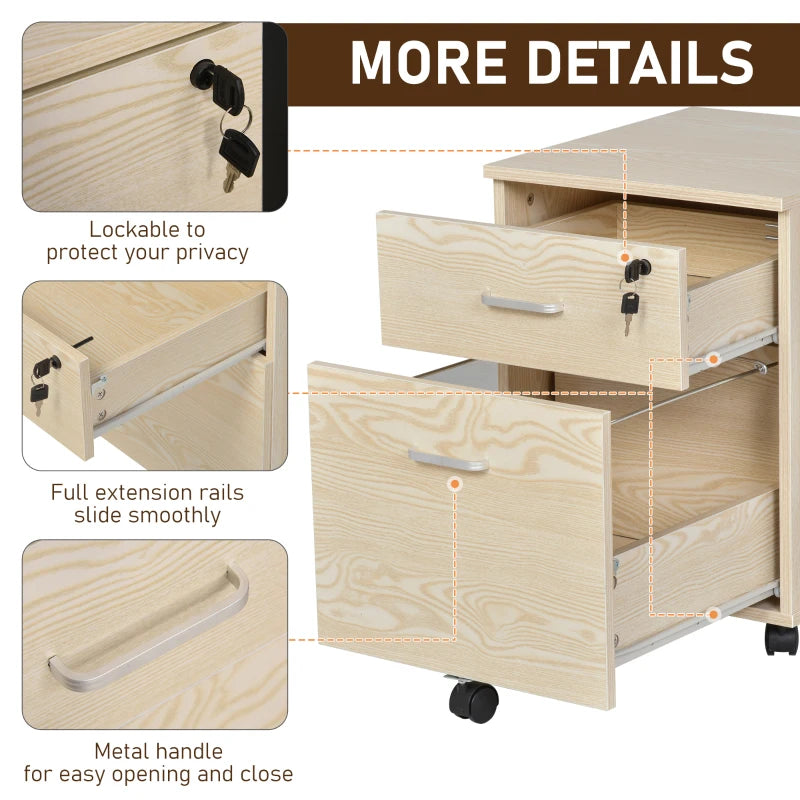 Oak Wood Grain 2-Drawer Locking Filing Cabinet with Wheels
