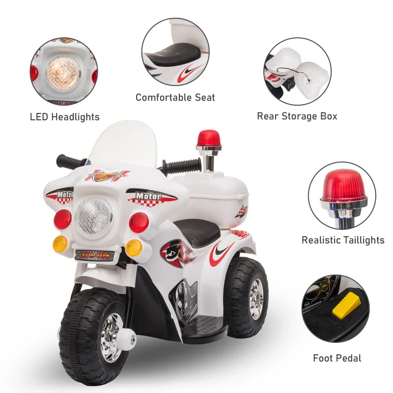 White 3-Wheel Electric Ride-On Motorcycle for Toddlers with Lights and Music