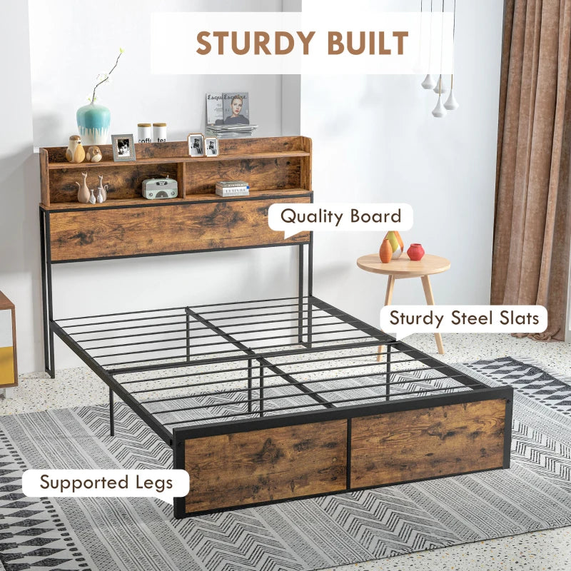 Rustic Brown Industrial Double Bed Frame with Storage, 4.8FT Steel Base, Headboard, Footboard, Slatted Support - 145 x 209cm