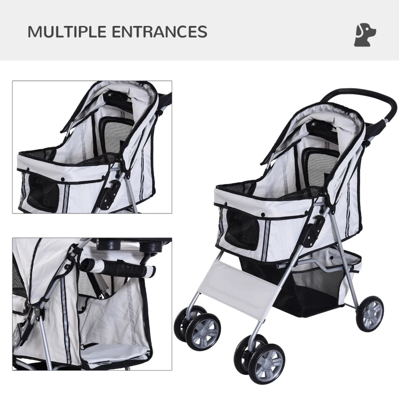 Grey Pet Stroller for Small Pets - Foldable Travel Carriage with Wheels