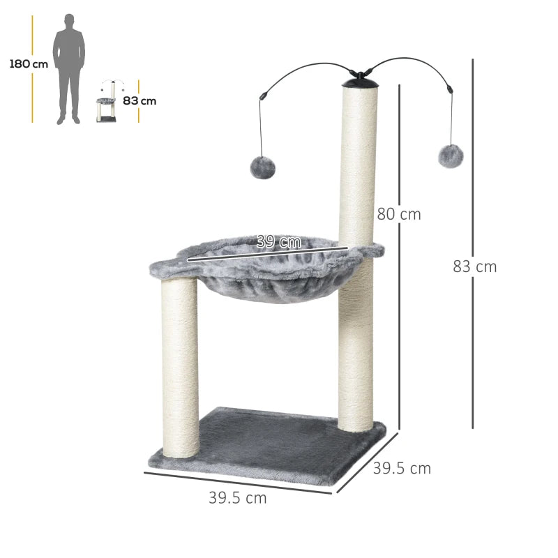 Grey Cat Tree Tower with Scratching Post, Hammock & Ball - 40x40x83 cm