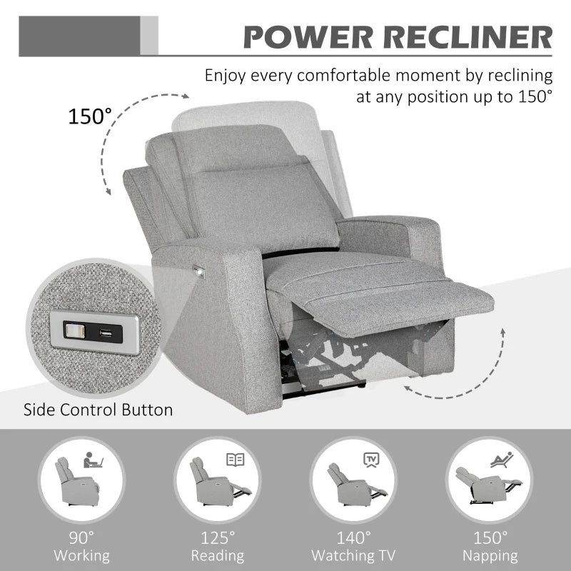 Grey Electric Reclining Chair with USB Port and Footrest