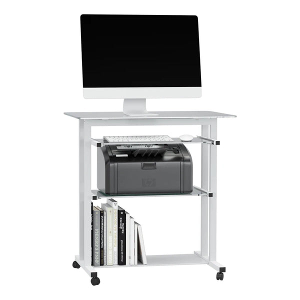 White Compact Computer Desk with Keyboard Tray and Wheels