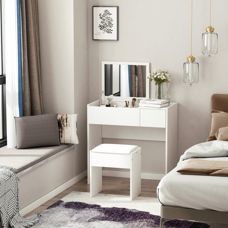 White Makeup Vanity Set with Mirror, Drawer, and Stool