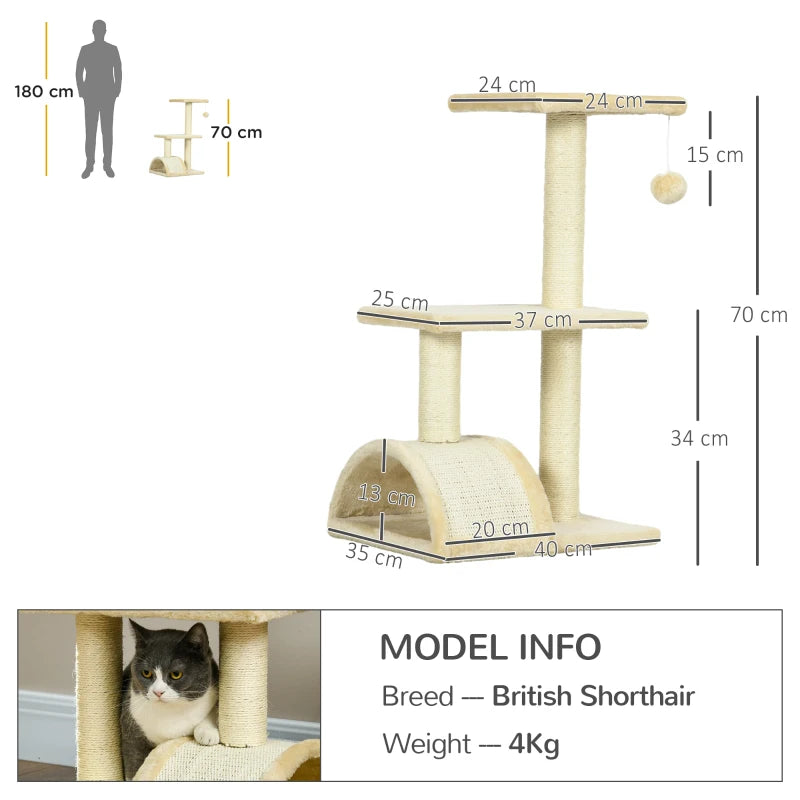 72cm Cat Tree with Scratching Post & Pad - Cream White