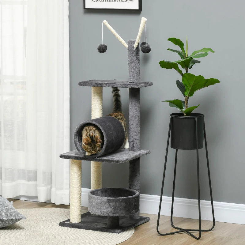 Grey Cat Tree Tower with Scratching Post and Interactive Toys