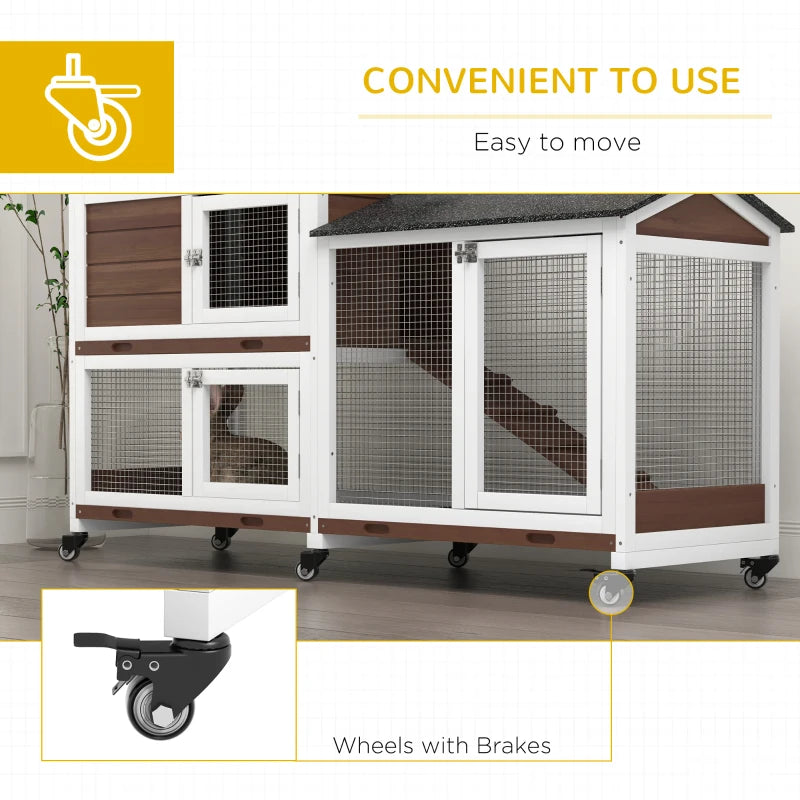 Brown Wooden Pet Hutch with Wheels - 2-Tier Run