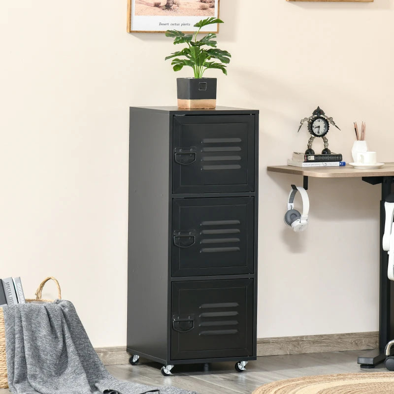 Black 3-Tier Rolling Metal Storage Cabinet with Wheels