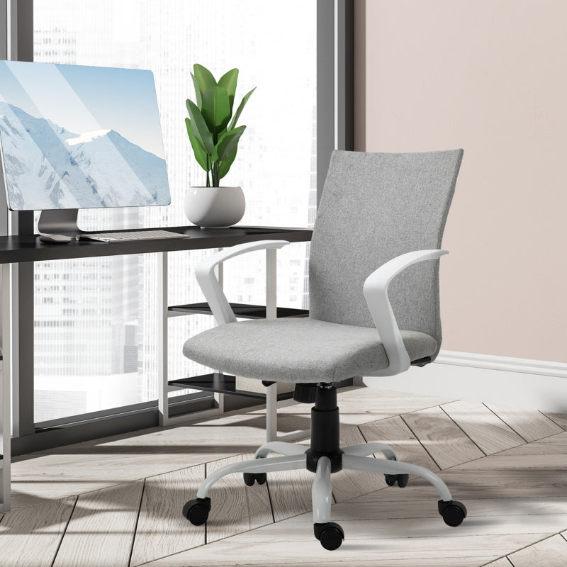 Light Grey Linen Swivel Office Chair with Armrests & Wheels