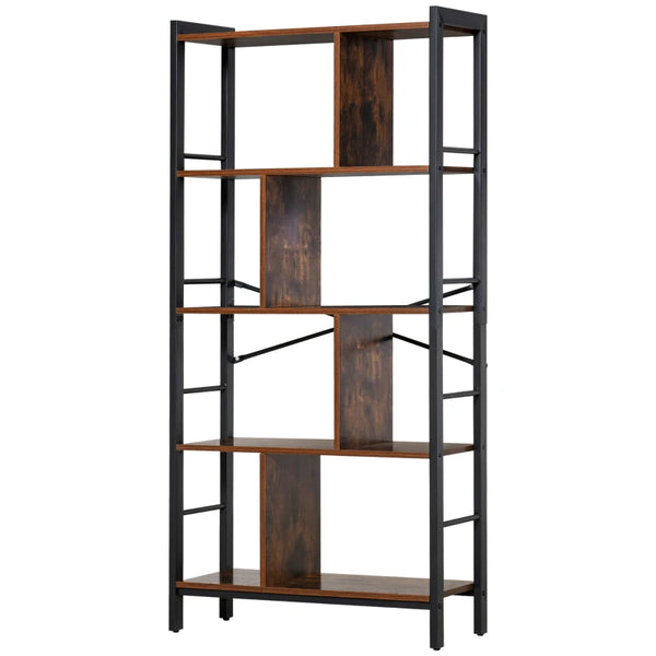 4-Tier Brown Black Industrial Bookshelf for Living Room Office