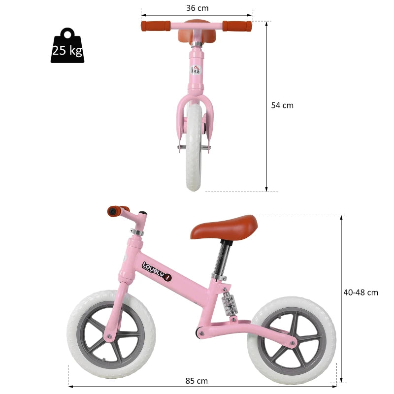 12" Pink Kids Balance Bike - No Pedal Bicycle with Adjustable Seat and Shock Absorber