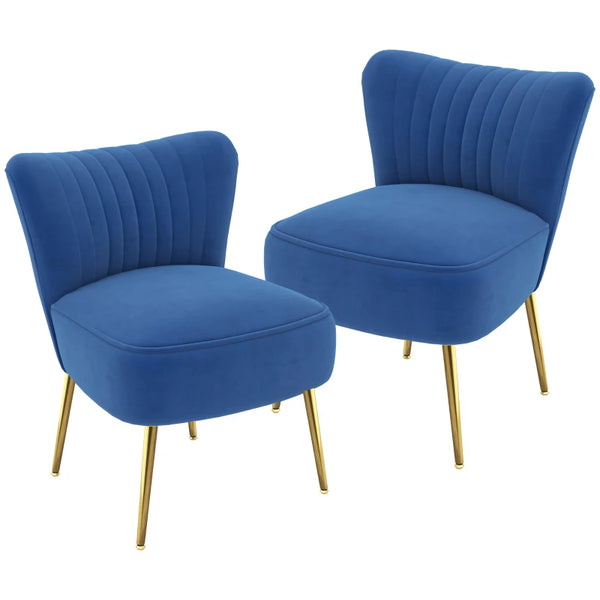 Dark Blue Upholstered Wingback Chairs with Gold Tone Steel Legs, Set of 2