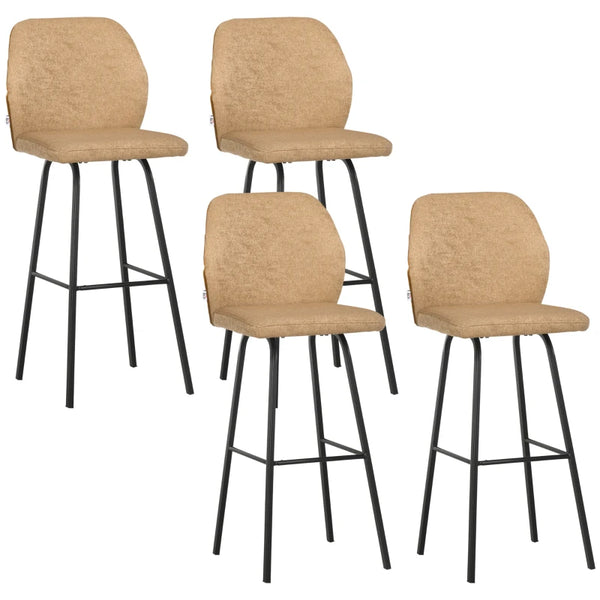 Set of 4 Light Brown Upholstered Bar Stools with Backs and Steel Legs