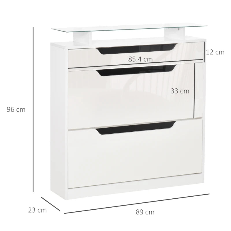 White Shoe Storage Cabinet with Slide Out Drawer and Glass Top