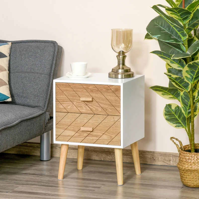 Natural Wood 2-Drawer Bedside Table with Pine Legs