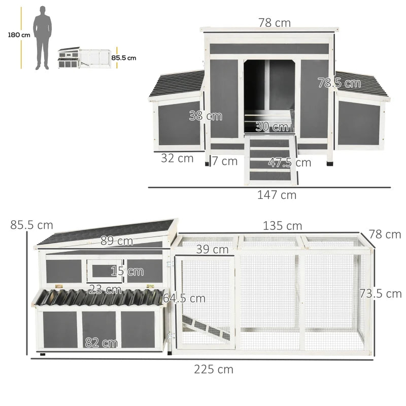 Large Chicken Coop Rabbit Hutch with Run - Grey, 225x147x85.5cm