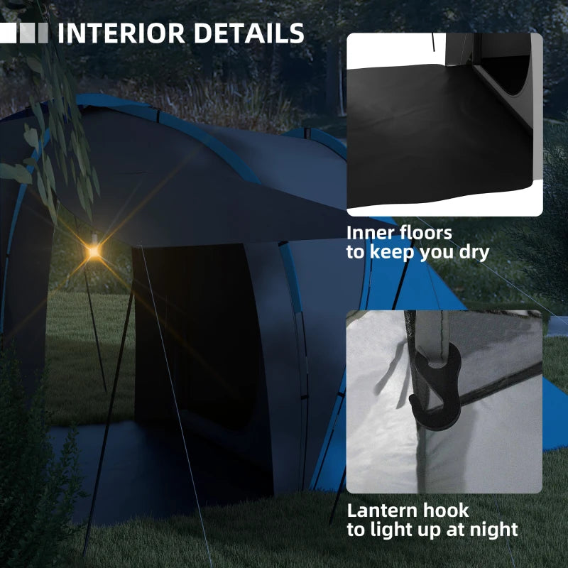 Blue 2-Bedroom Camping Tunnel Tent, 2000mm Waterproof, Portable for 4-6 People