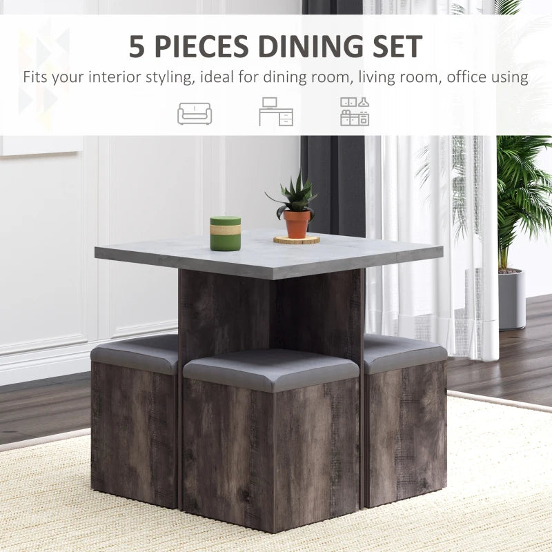 5-Piece Wooden Patio Dining Set with Storage Stools and Table - Grey