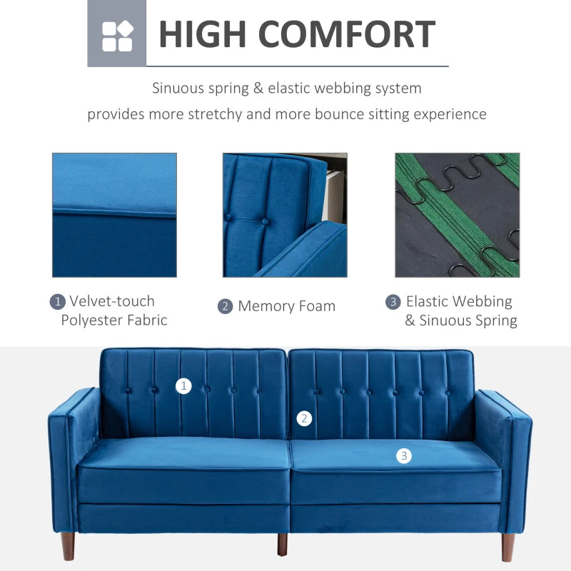 Blue Velvet Convertible Sofa Loveseat with Adjustable Split Back