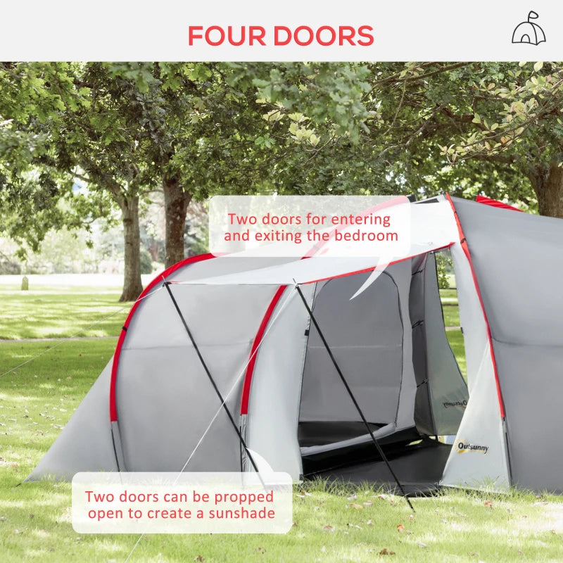 4-Person Tunnel Camping Tent with 2 Bedrooms and Living Room - Grey/Red