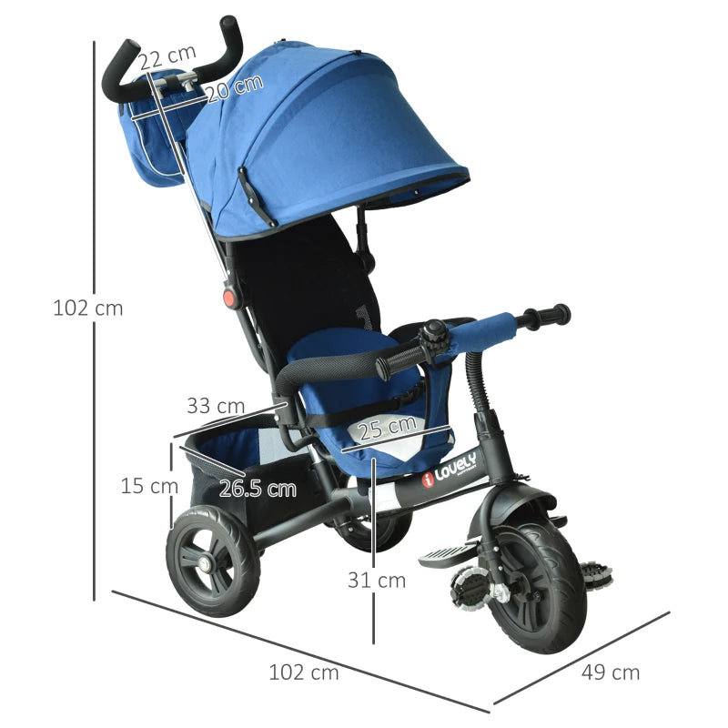 Blue 4-in-1 Kids Tricycle with Parent Handle, Canopy, and Safety Belt