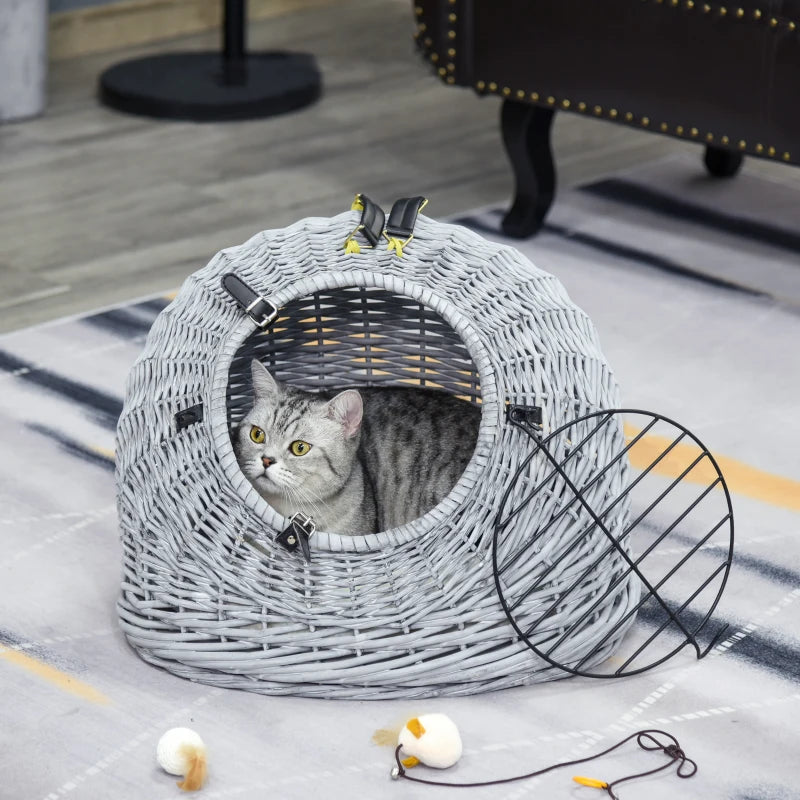 Grey Wicker Cat Travel Basket with Plush Cushion