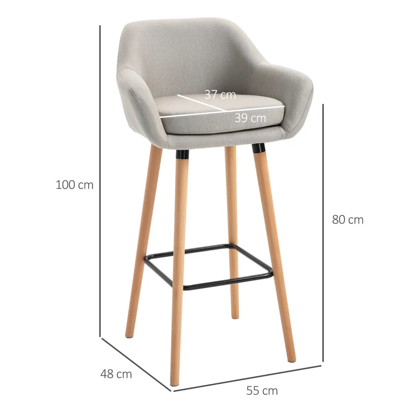 Beige Upholstered Bar Stools Set of 2 - Modern Metal Frame, Solid Wood Legs