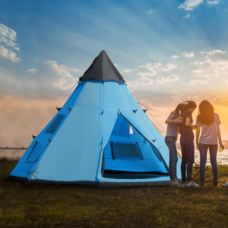 Blue 6-Person Teepee Camping Tent with Mesh Windows and Carry Bag