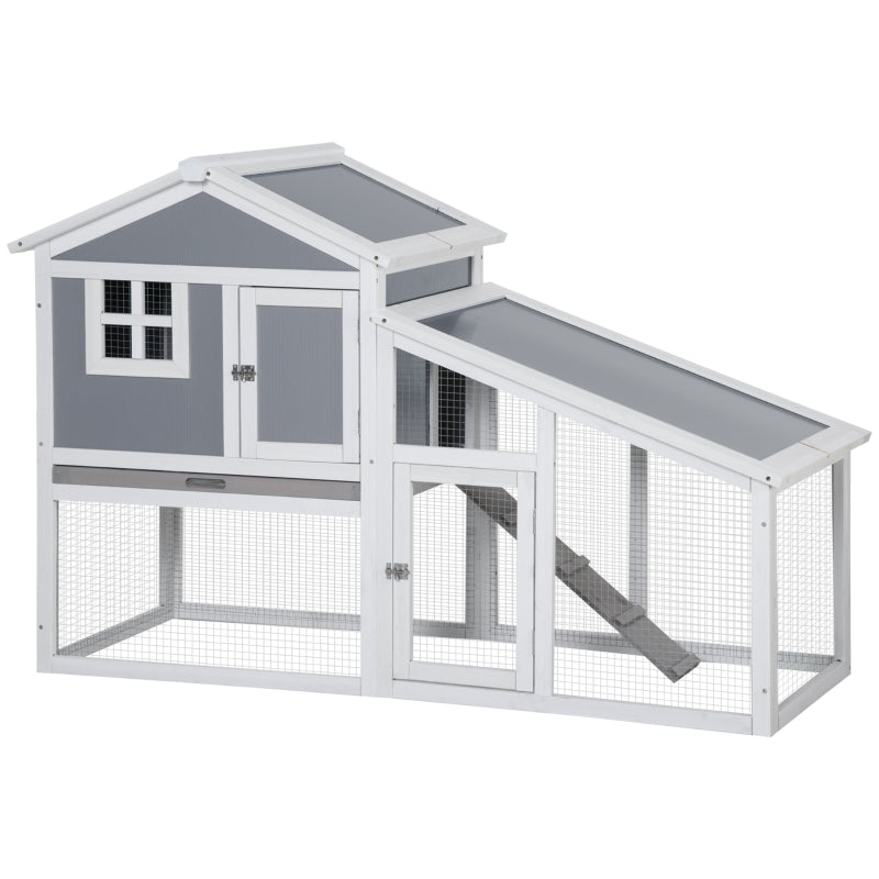 Grey Two-Tier Rabbit Hutch with Sunlight Panel Roof & Slide-Out Tray