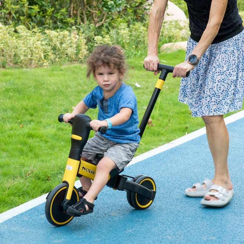 Yellow 4-in-1 Kids Tricycle with Adjustable Push Handle