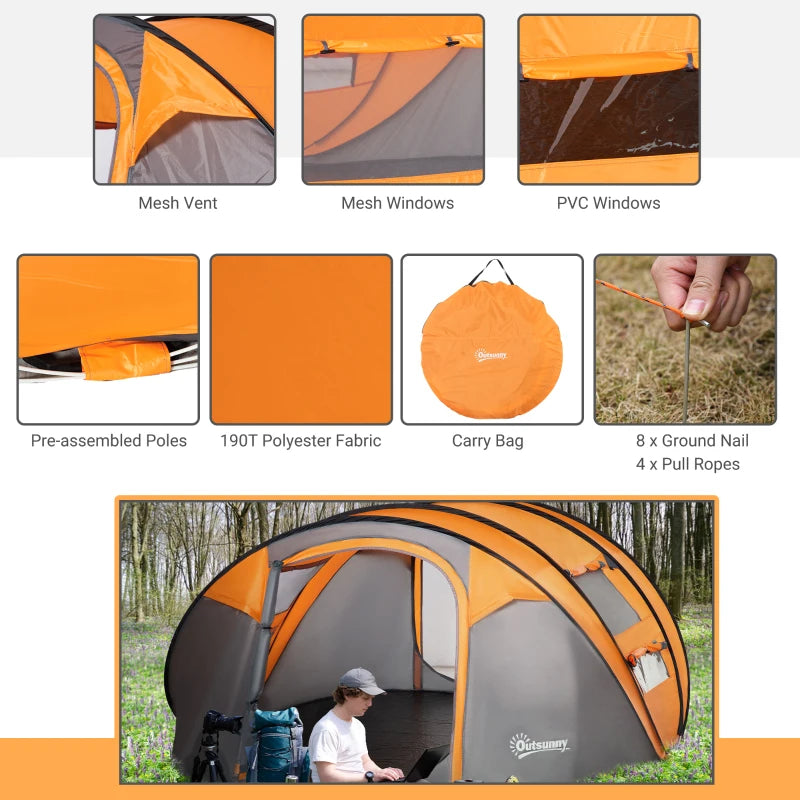 Orange 4-5 Person Pop-up Waterproof Camping Tent with Windows