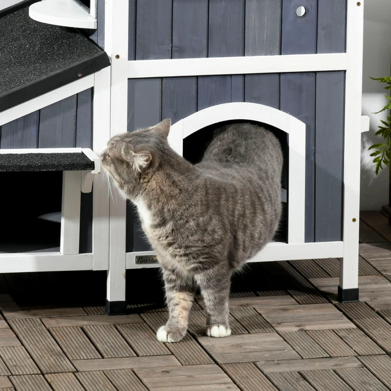 Grey Wooden Outdoor Cat House with Flower Pot and Multiple Entrances