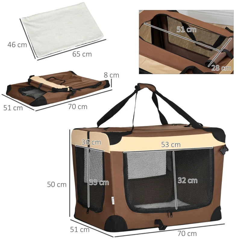 Foldable Brown Pet Carrier with Cushion - 70cm for Small Dogs and Cats