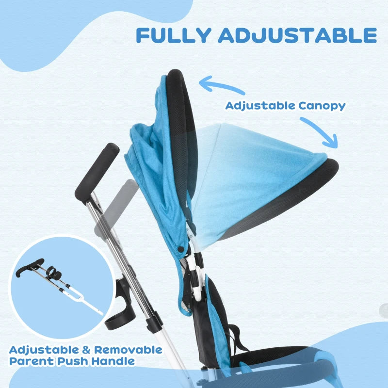Blue 6-in-1 Kids Trike with Push Handle, Canopy, Safety Belt, Storage, Footrest, Brake