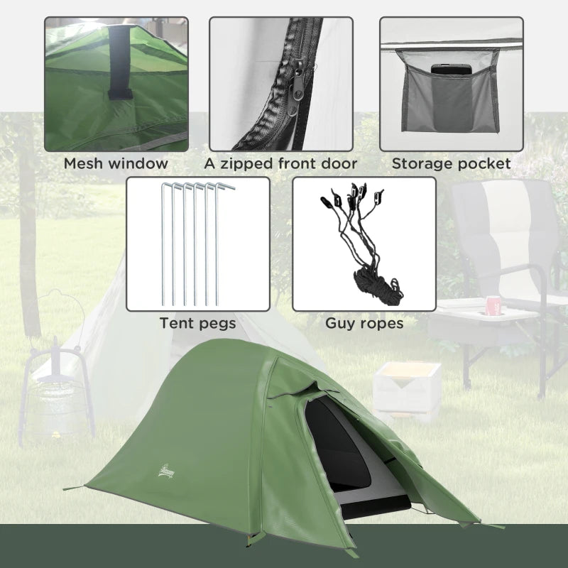 Green Double Layer Camping Tent, 1-2 Person Backpacking Tent, Waterproof & Lightweight