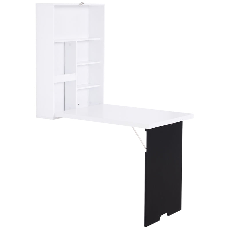 White Floating Drop-Leaf Desk with Chalkboard and Storage Shelf