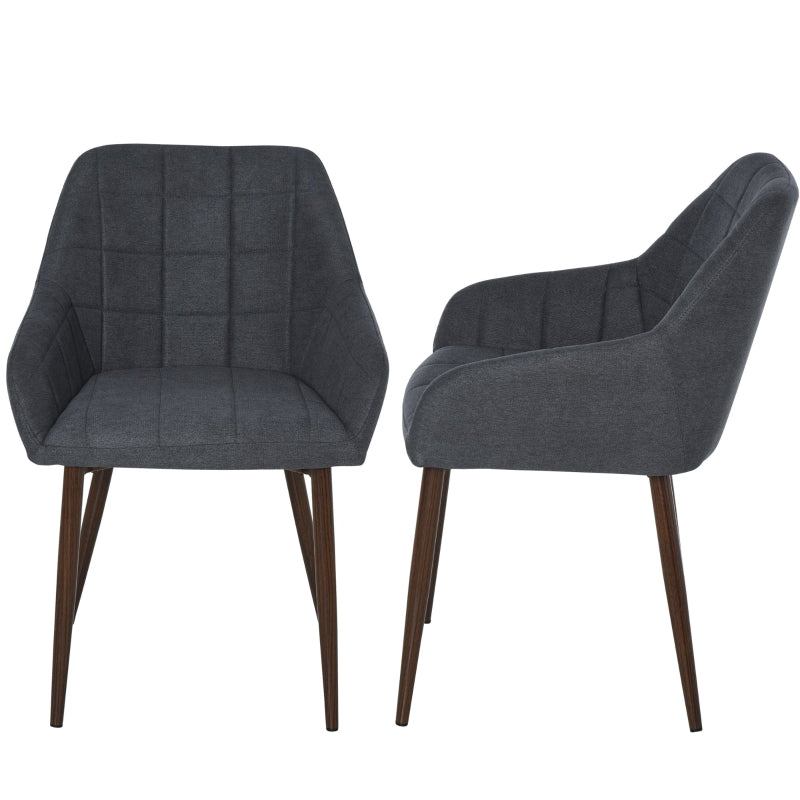 Dark Grey Linen Dining Chair Set with Grid Pattern Cushion