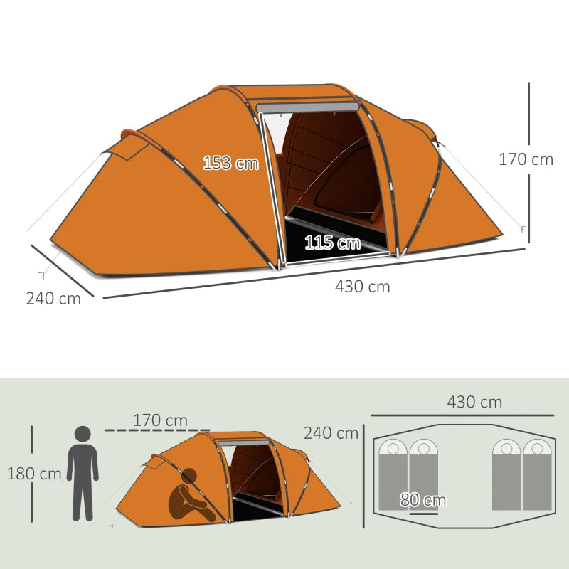 6-Person Orange Camping Tunnel Tent with Two Bedrooms and UV Protection